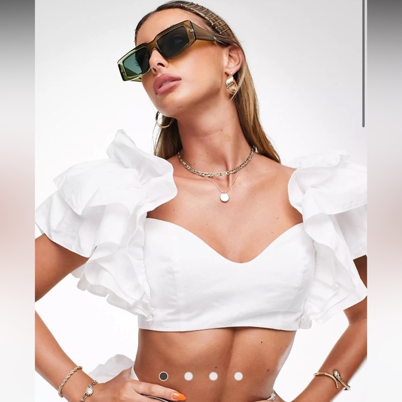 ASOS cotton ruffle sleeve bow back crop top in white - Picture 2 of 4